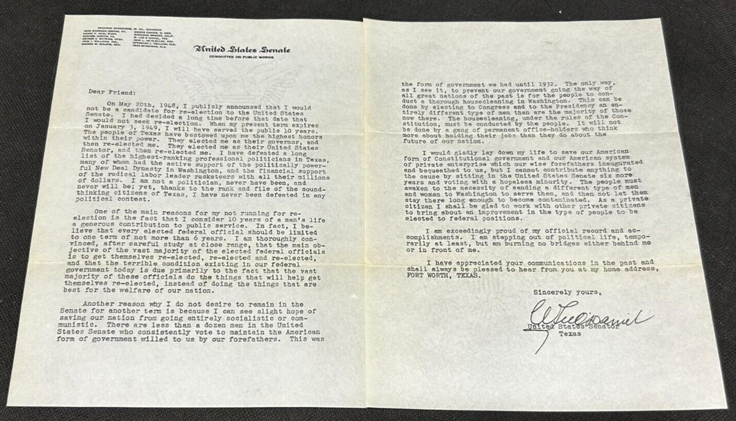 Important Autograph Letter of W. Lee O'Daniel Senator of Texas, EX