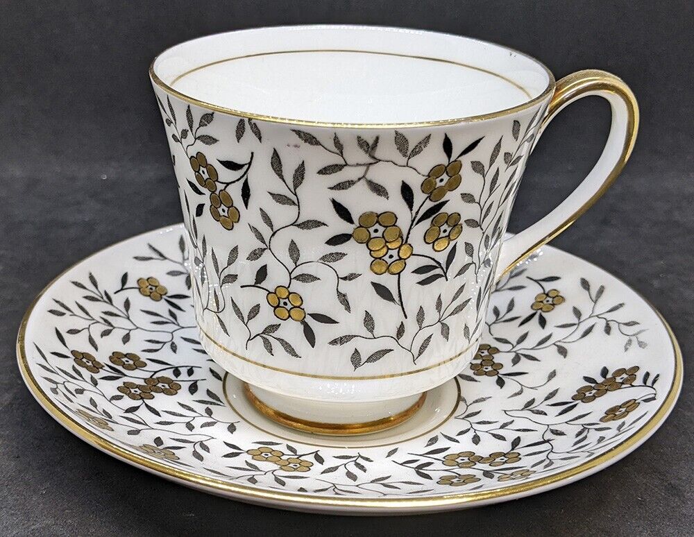 Coalport Fine Bone China Tea Cup & Saucer - Gold Flower, Black Leaves