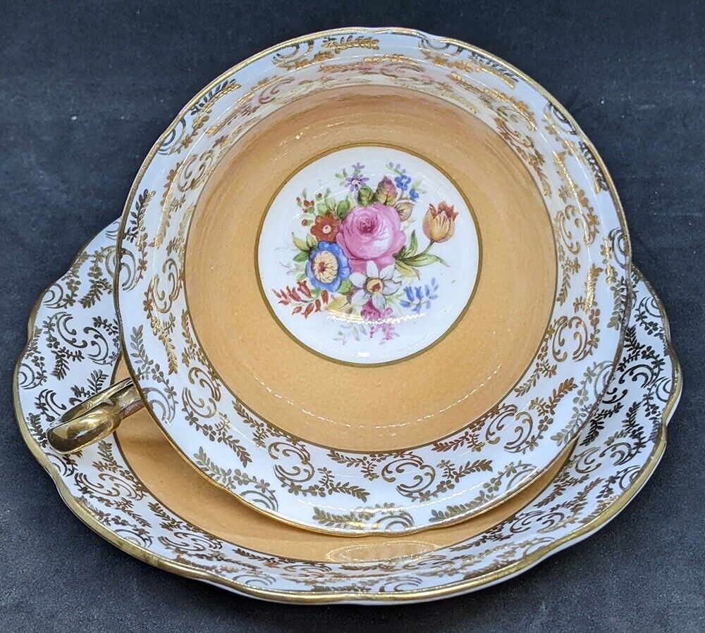 FOLEY Bone China Teacup & Saucer - Orange, Gold & Floral Bouquet