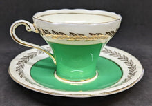 Load image into Gallery viewer, AYNSLEY Bone China Corset Shaped Green With Gold Leaf Design Cup &amp; Saucer
