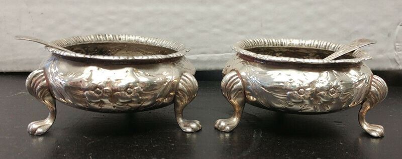 2 x 1875 Sterling Silver Footed Salt Bowls With Spoons - Robert Harper Maker