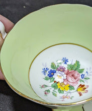 Load image into Gallery viewer, AYNSLEY Fine Bone China Cup &amp; Saucer -- Soft Green, Gold Trim, Bouquet In Bowl
