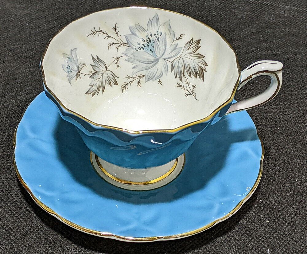 AYNSLEY Fine Bone China Cup & Saucer - Bright Blue With Grey Flower Detail