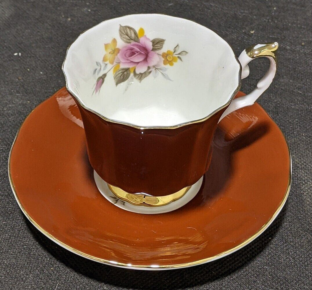 Elizabethan Staffordshire Bone China Tea Cup & Saucer - Maroon & Autumn Flowers