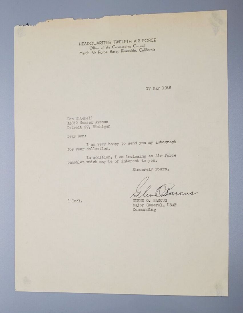 1948 Military Autographed Letter Glenn O. Barcus Signed