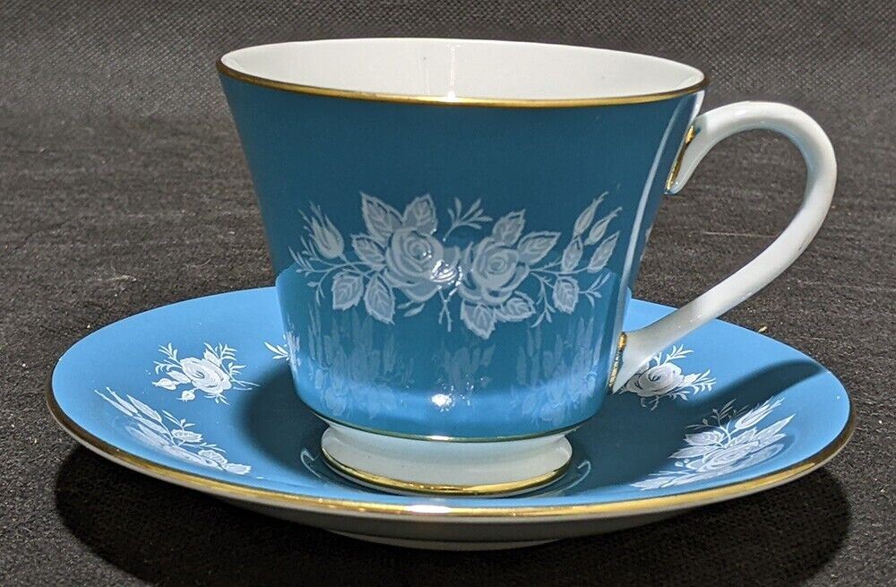 AYNSLEY Fine Bone China Tea Cup & Saucer - Teal Blue & White Flowers