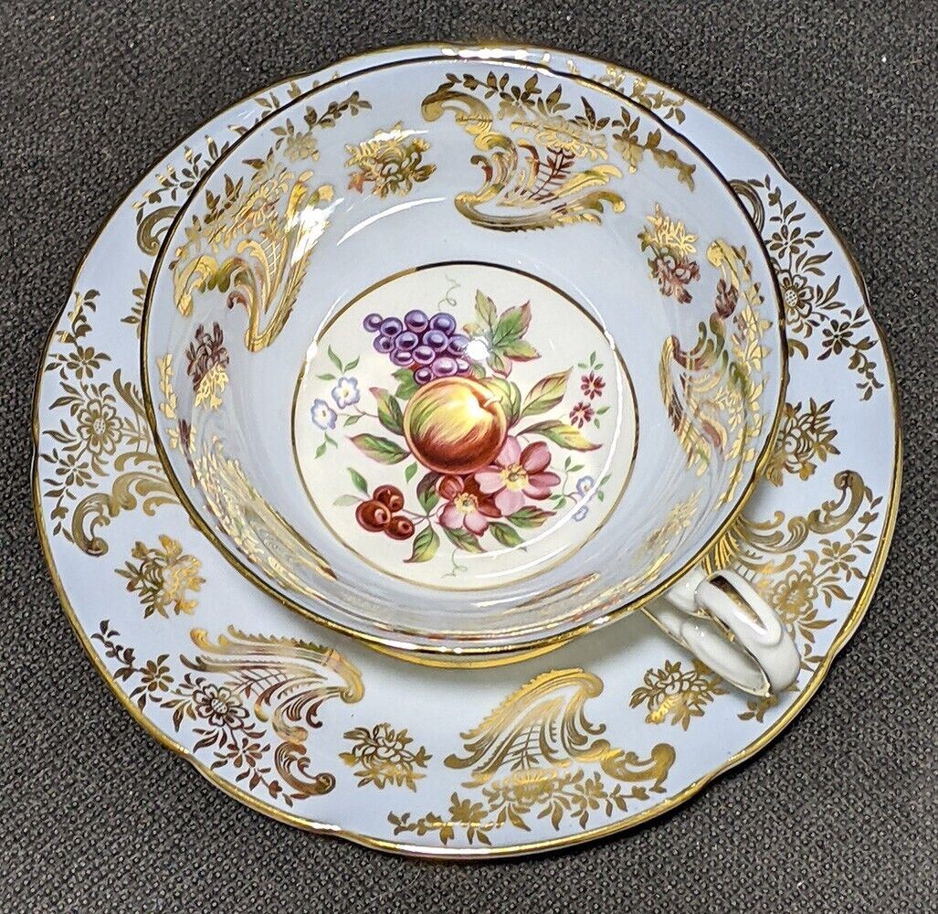 PARAGON Bone China Tea Cup & Saucer - Blue & Gold - Fruit Bouquet in Bowl