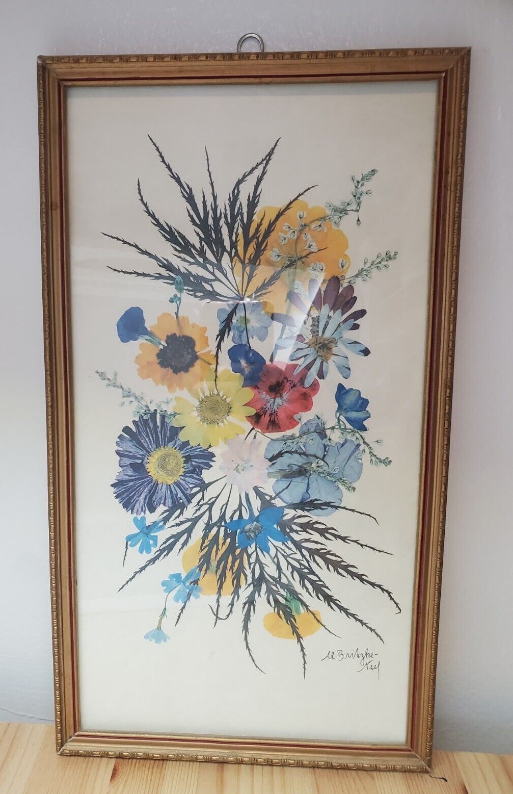 Antique Framed Flowers Print - Signed - D