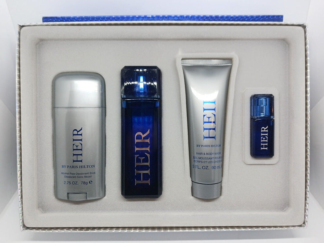 Heir by Paris Hilton for Men 4 Piece set, 2 Spray, 1 Hair & Body Wash, Deodorant