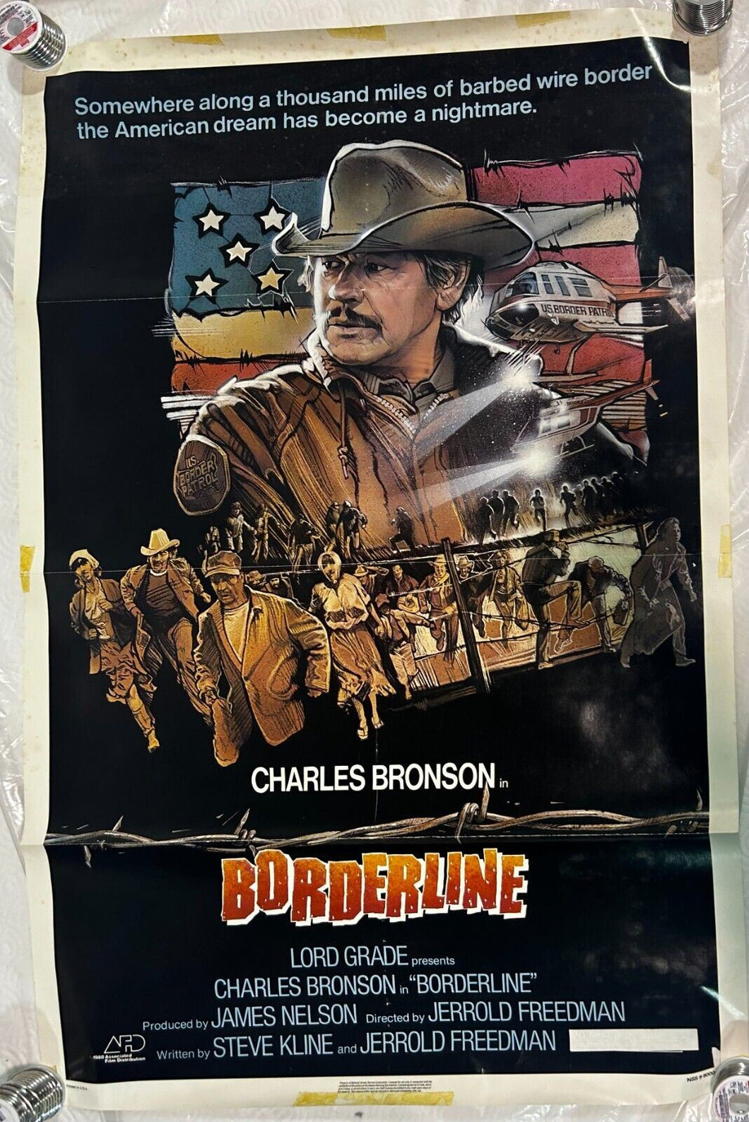 1980 Charles Bronson Borderline Poster 27X41, Drew Struzan Art, VG condition