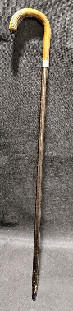 Wooden Cane / Walking Stick - Carved Handle - Silver Tone Collar