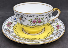 Load image into Gallery viewer, AYNSLEY Bone China Tea Cup &amp; Saucer - Bright Yellow With Scalloped Floral Border
