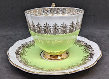 Load image into Gallery viewer, Elizabethan Fine Bone China Tea Cup &amp; Saucer by Taylor &amp; Kent - Green &amp; Gold
