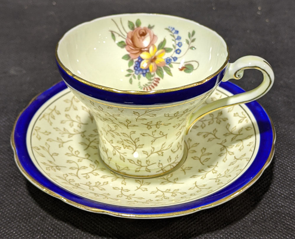 Aynsley Bone China Tea Cup & Saucer -- Corset Shape - Cobalt Blue & Twig