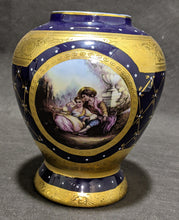 Load image into Gallery viewer, Limoges Porcelain Lidded Urn Cobalt &amp; Gold, Romance Scene
