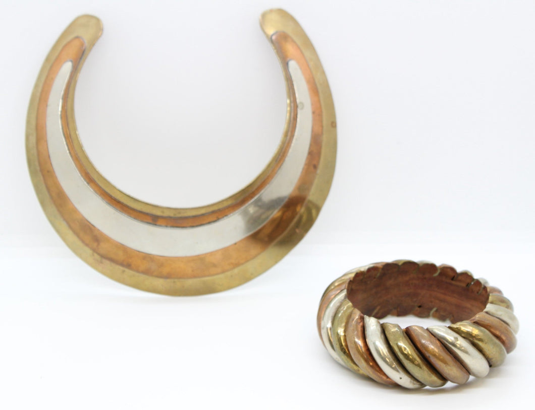 Vintage Multi-Tone Brass & Copper Collar Necklace & Bangle