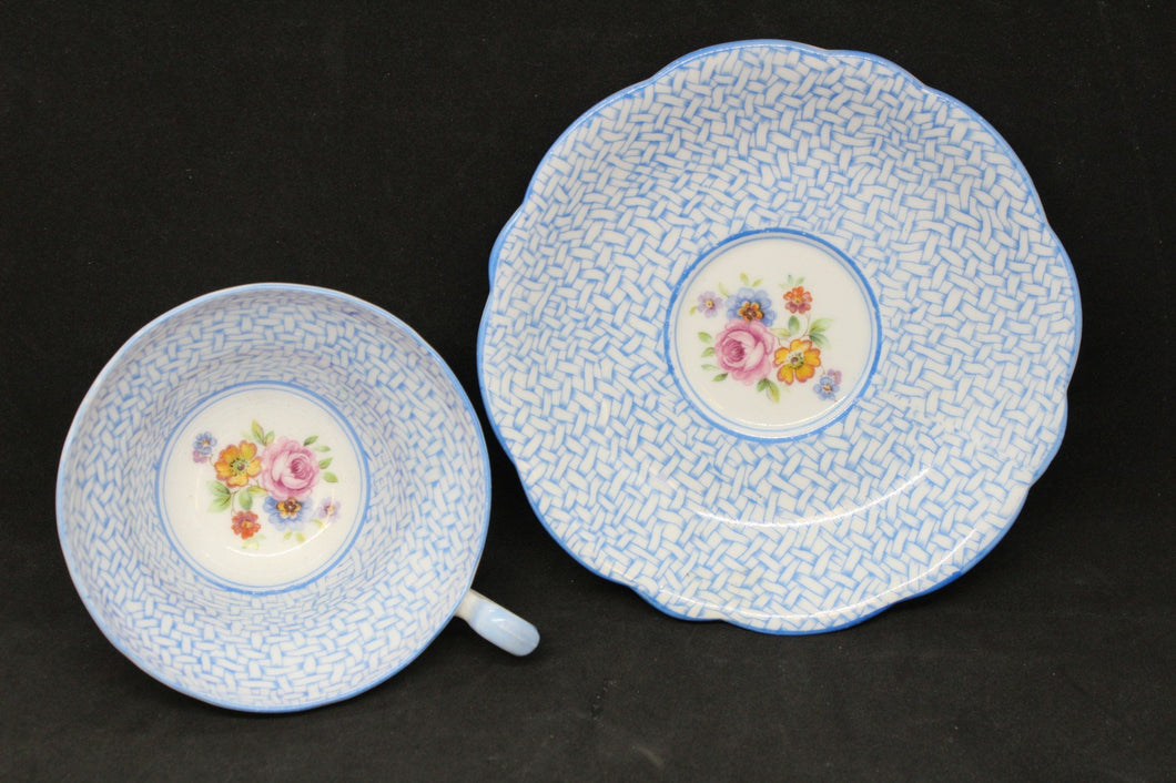 Foley Baby Blue Basket Weave Pattern Cup & Saucer with Painted Flowers