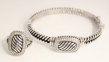 Load image into Gallery viewer, Silver Tone &amp; Clear Stone Halo Hinged Bangle &amp; Ring Set
