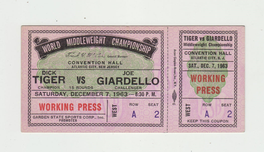 1963 Dick Tiger vs. Joe Giardello Press Pass Autographed on Back by Giardello